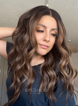 Chestnut Brown Highlights Mid Length Wavy Lace Front Wigs - Sofiathewigstylist016