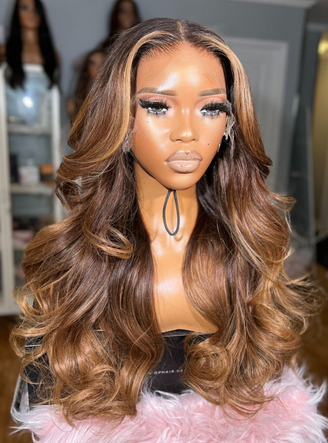 Chocolate Brown Caramel Highlight Layered Blowout Wavy Lace Front Wig - Ophair035