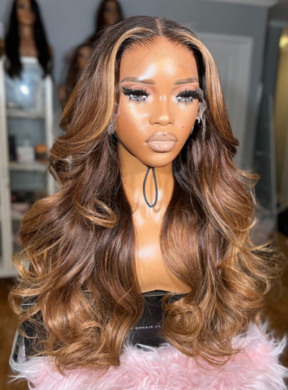 Chocolate Brown Caramel Highlight Layered Blowout Wavy Lace Front Wig - Ophair035