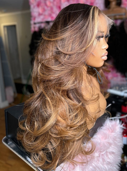 Chocolate Brown Caramel Highlight Layered Blowout Wavy Lace Front Wig - Ophair035