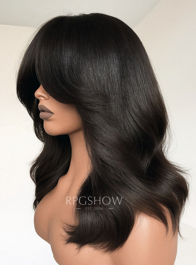 Curtain Bangs with Layers Shoulder Length Wavy Natural Color Lace Front Wigs - ashen010
