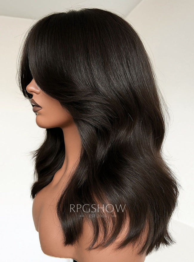 Curtain Bangs with Layers Shoulder Length Wavy Natural Color Lace Front Wigs - ashen010