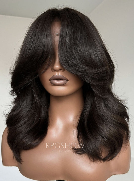 Curtain Bangs with Layers Shoulder Length Wavy Natural Color Lace Front Wigs - ashen010