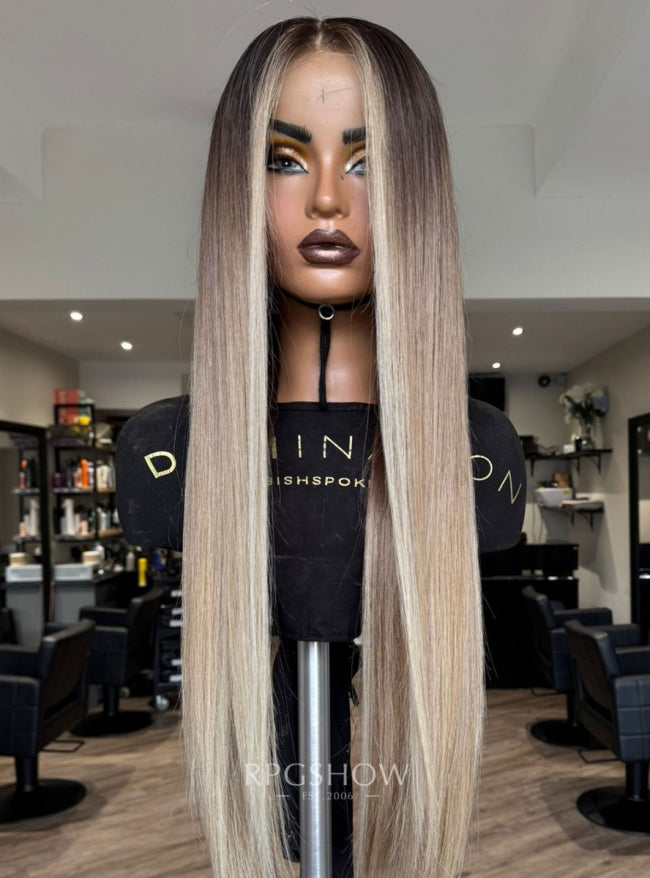 【Stock Unit】13x6 200% Dark Root Ash Blonde Money Piece Straight Lace Front Wig - dominic054