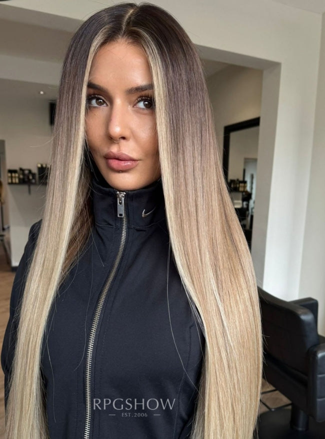 【Stock Unit】13x6 200% Dark Root Ash Blonde Money Piece Straight Lace Front Wig - dominic054