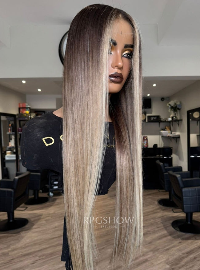 【Stock Unit】13x6 200% Dark Root Ash Blonde Money Piece Straight Lace Front Wig - dominic054