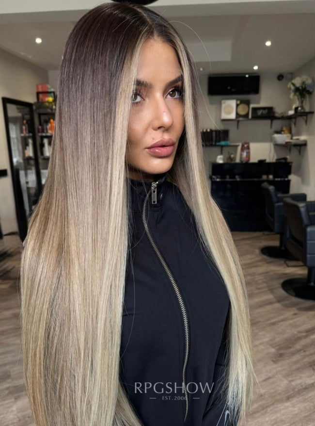 【Stock Unit】13x6 200% Dark Root Ash Blonde Money Piece Straight Lace Front Wig - dominic054