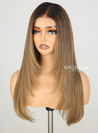 Dark Root Honey Beige Blonde Long Straight with Layers 13x6 Lace Front Wigs - jia029