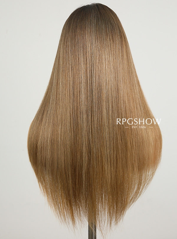 Dark Root Honey Beige Blonde Long Straight with Layers 13x6 Lace Front Wigs - jia029