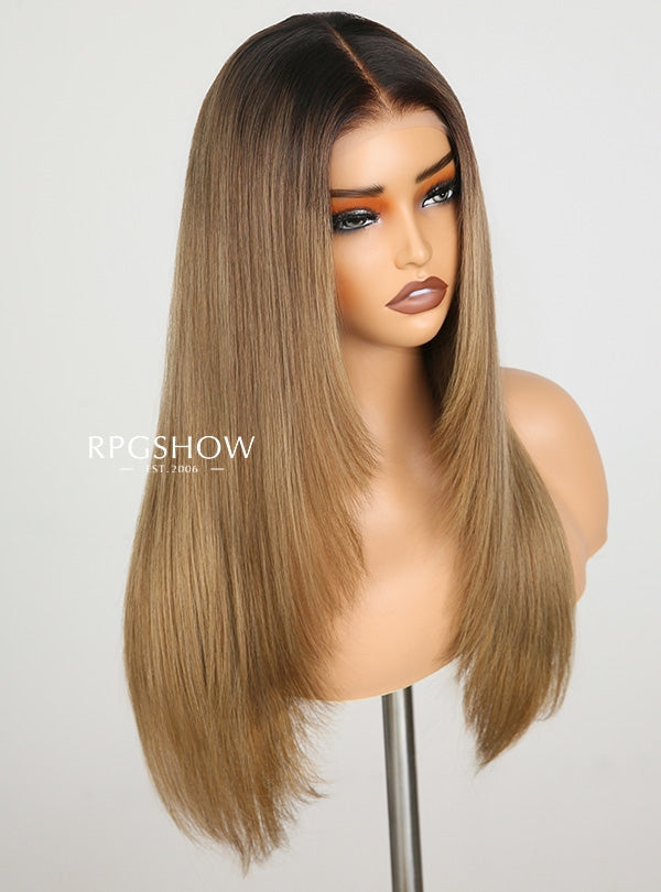 Dark Root Honey Beige Blonde Long Straight with Layers 13x6 Lace Front Wigs - jia029