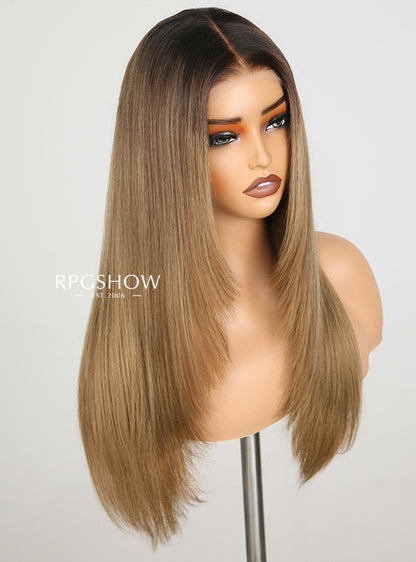 Dark Root Honey Beige Blonde Long Straight with Layers 13x6 Lace Front Wigs - jia029