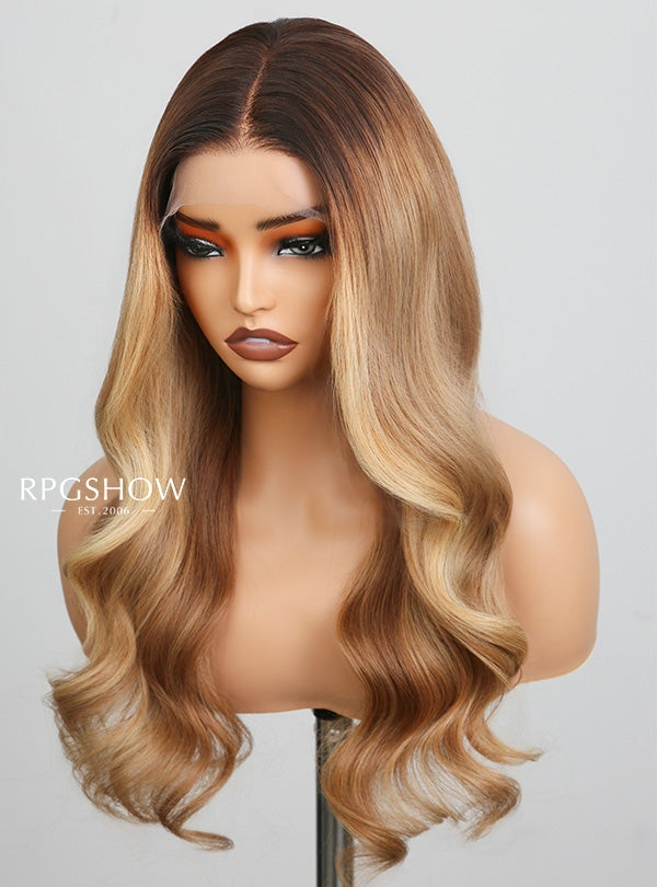 Dark Root Honey Beige Highlight Body Wave 13x6 Lace Front Wigs - jia031