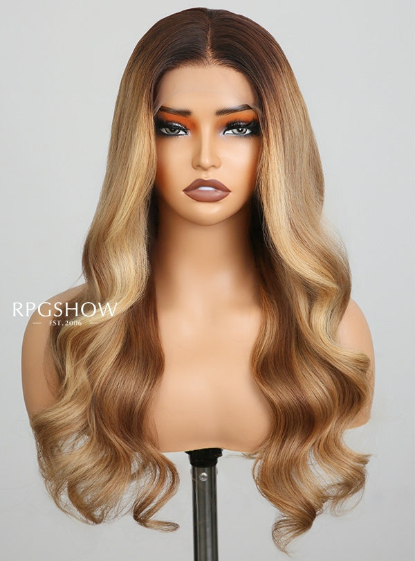 Dark Root Honey Beige Highlight Body Wave 13x6 Lace Front Wigs - jia031