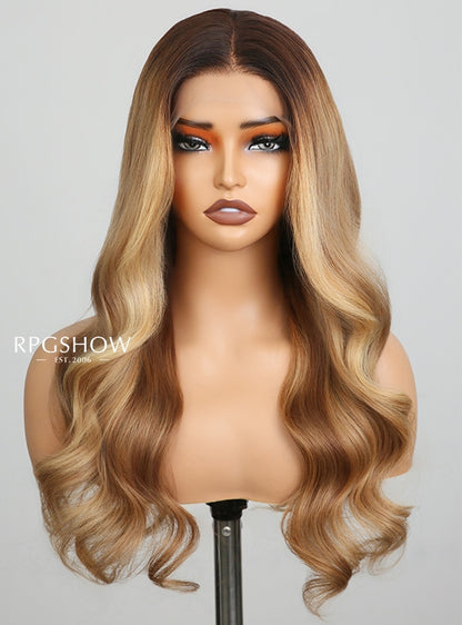 Dark Root Honey Beige Highlight Body Wave 13x6 Lace Front Wigs - jia031