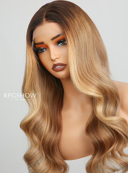 Dark Root Honey Beige Highlight Body Wave 13x6 Lace Front Wigs - jia031