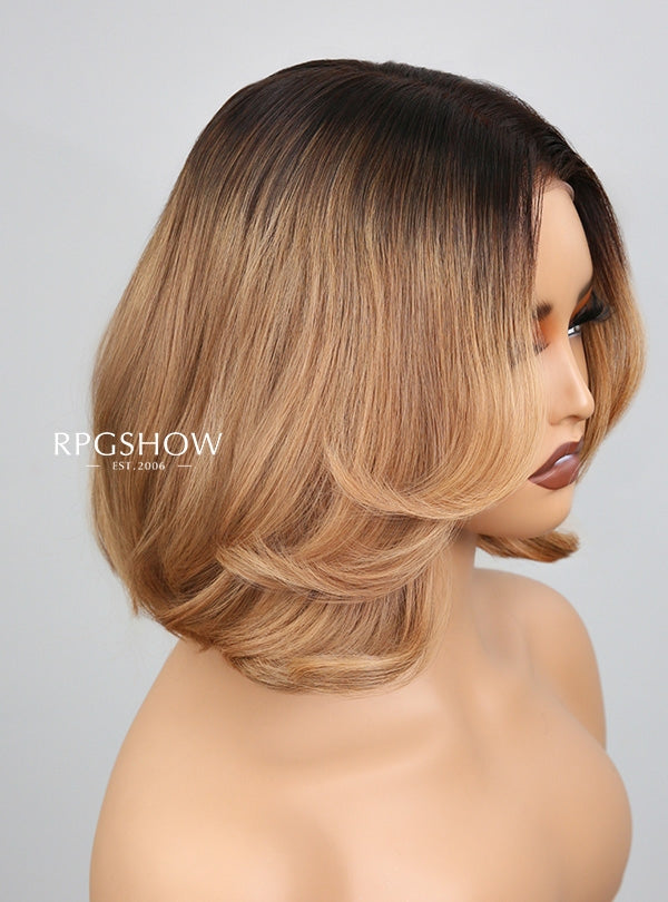 Dark Root Honey Blonde Layered Bob 90s Blowout Style 13x6 Lace Front Wigs - jia030