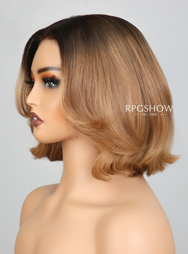 Dark Root Honey Blonde Layered Bob 90s Blowout Style 13x6 Lace Front Wigs - jia030