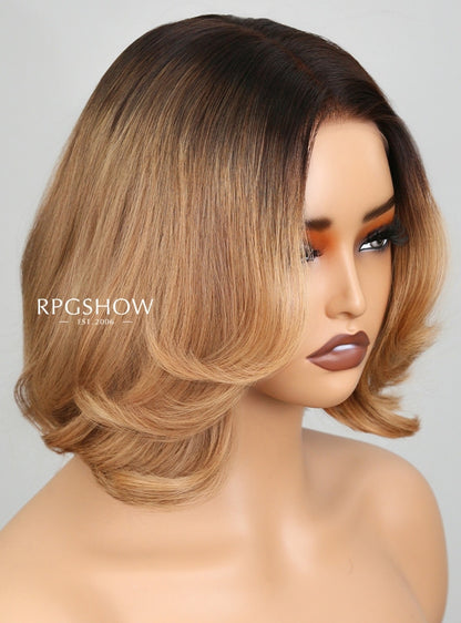 Dark Root Honey Blonde Layered Bob 90s Blowout Style 13x6 Lace Front Wigs - jia030
