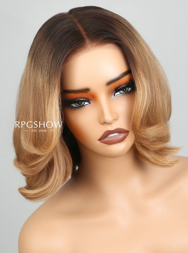 Dark Root Honey Blonde Layered Bob 90s Blowout Style 13x6 Lace Front Wigs - jia030