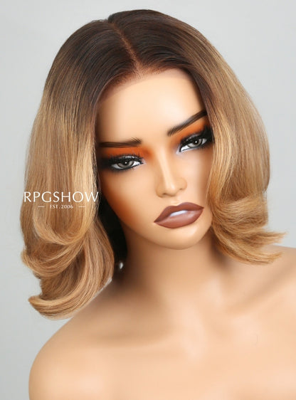 Dark Root Honey Blonde Layered Bob 90s Blowout Style 13x6 Lace Front Wigs - jia030
