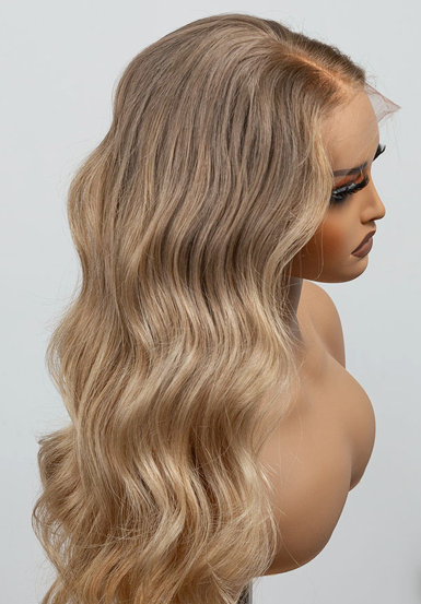 Zoe | 16" Blonde Balayage Body Wave Human Hair Swiss Lace Front Wig - WL36