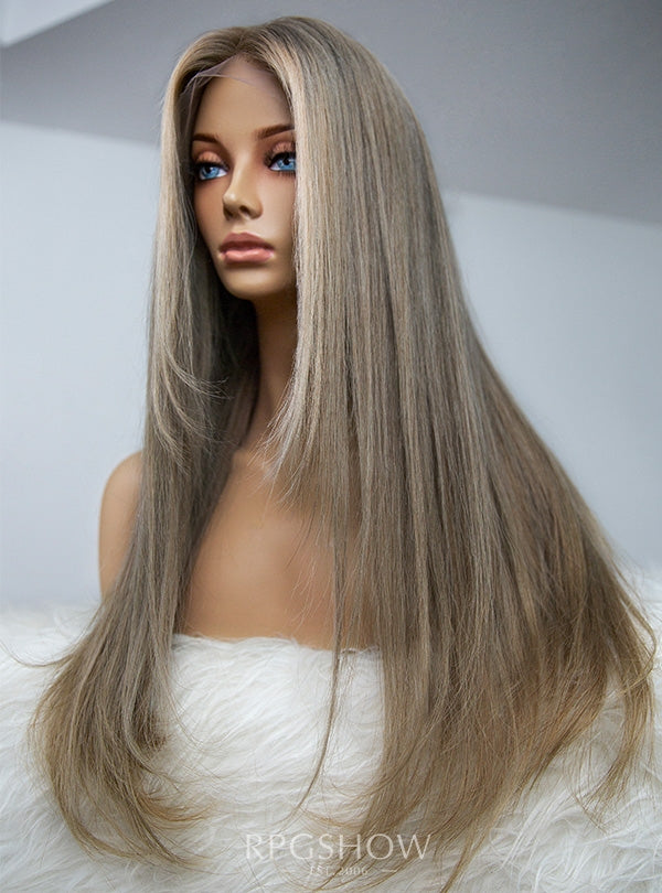 Long Layered Ash Blonde with Blonde Highlights Drawstring 13x6 Lace Front Wigs - JIA010