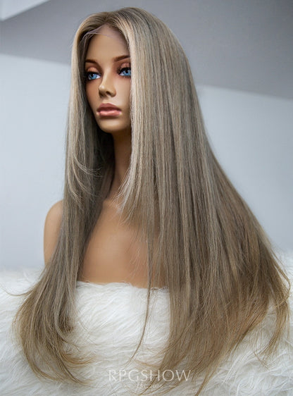 Long Layered Ash Blonde with Blonde Highlights Drawstring 13x6 Lace Front Wigs - JIA010