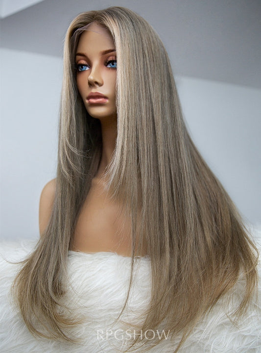 Perruque Lace Front 13x6, cheveux longs ondulés foncés avec mèches blondes crème, raie au milieu - hairbysam022