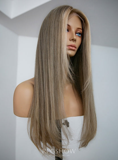 Long Layered Ash Blonde with Blonde Highlights Drawstring 13x6 Lace Front Wigs - JIA010
