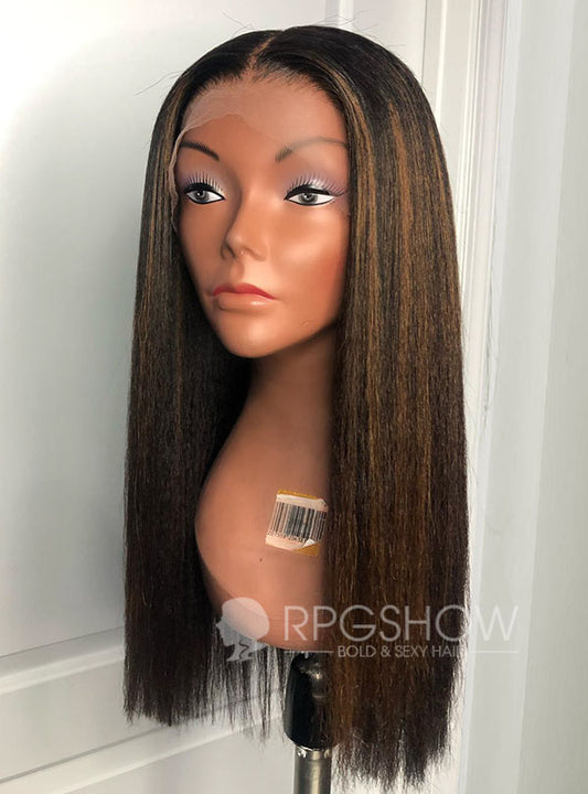 KINKY STRAIGHT CHESTNUT BROWN  HIGHLIGHTS GLUELESS LACE FRONT WIGS  KADYBLOOM007
