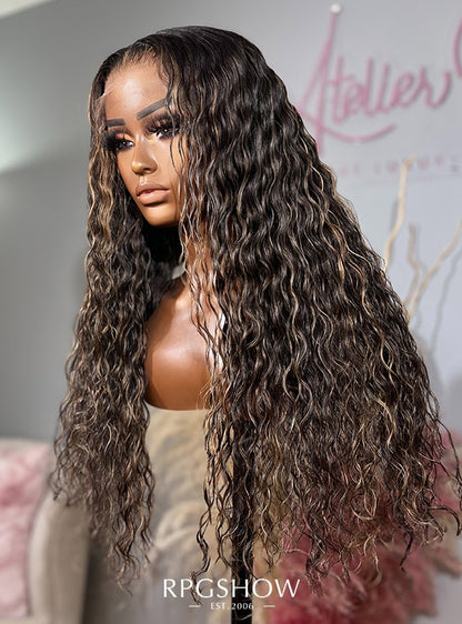 Long Middle Part Curly Natural Hair with Honey Blonde Highlights Lace Front Wigs - Ophair014