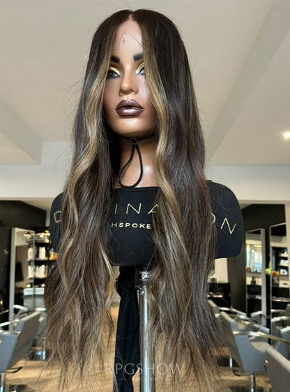 Long Wavy Espresso Brown with Blonde Money Piece Highlights 10x6 Lace Closure Wigs - Dominic031