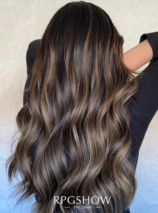 LONG MIDDLE PART WAVY HAZELNUT  BROWN WITH BLONDE HIGHLIGHTS LACE  FRONT WIGS - SOFIATHEWIGSTYLIST010