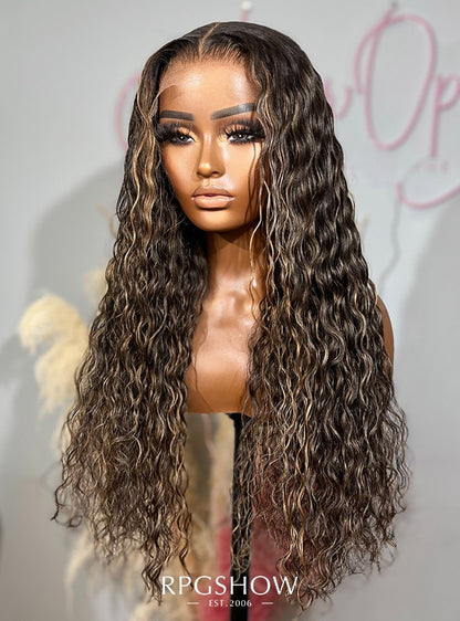 Long Middle Part Curly Natural Hair with Honey Blonde Highlights Lace Front Wigs - Ophair014
