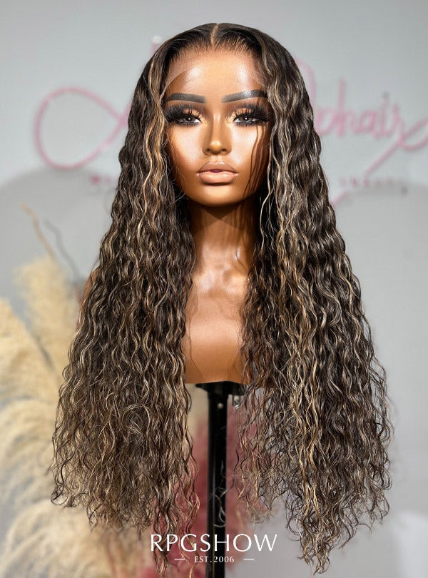 Long Middle Part Curly Natural Hair with Honey Blonde Highlights Lace Front Wigs - Ophair014