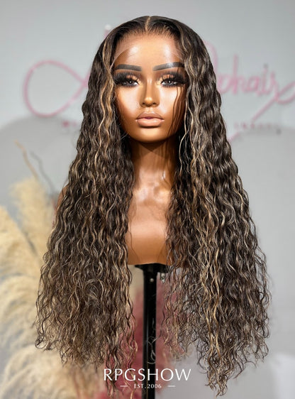 Long Middle Part Curly Natural Hair with Honey Blonde Highlights Lace Front Wigs - Ophair014