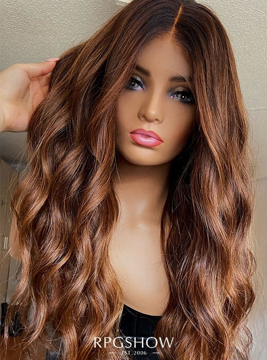 Long Middle Part Wavy Cowboy Copper Ombre Lace Front Wigs - Sofiathewigstylist011