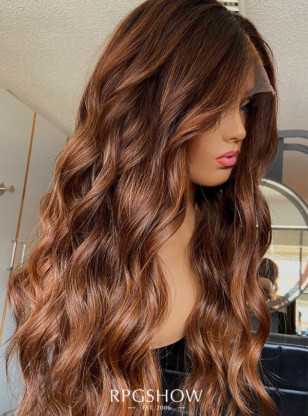 Long Middle Part Wavy Cowboy Copper Ombre Drawstring 13x6 Wigs - Sofiathewigstylist011