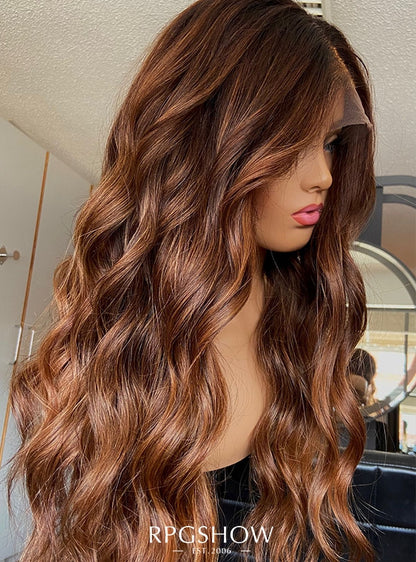 Long Middle Part Wavy Cowboy Copper Ombre Drawstring 13x6 Wigs - Sofiathewigstylist011
