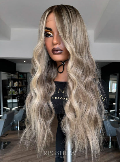 Long Middle Part Wavy Platinum Blonde Highlights 10x6 Lace Closure Wigs - Dominic029