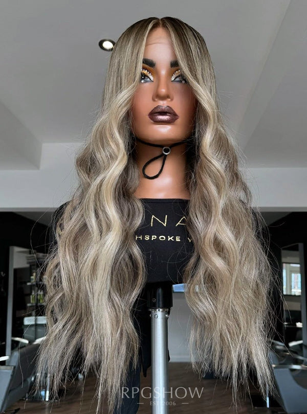 Long Middle Part Wavy Platinum Blonde Highlights 10x6 Lace Closure Wigs - Dominic029