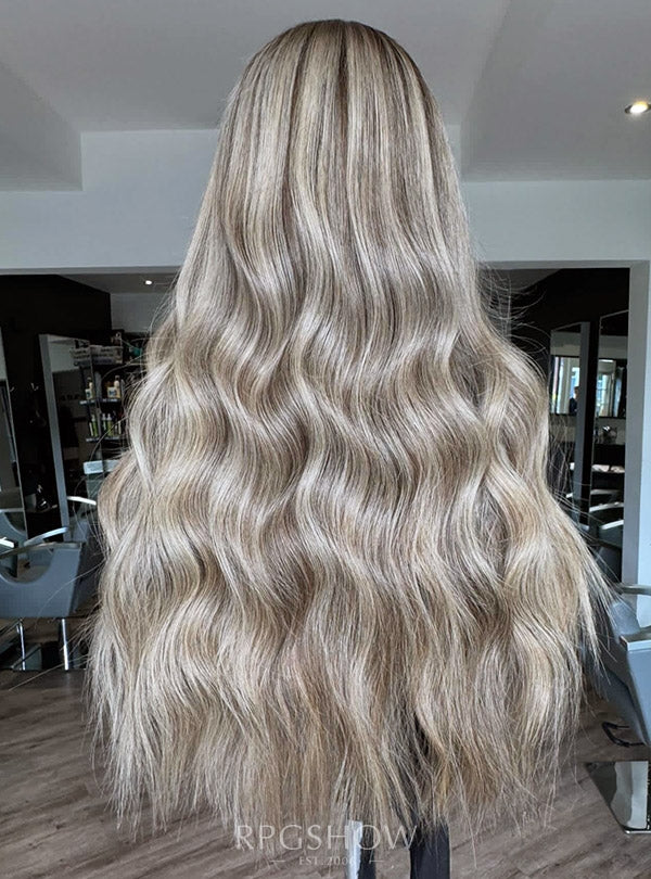 Long Middle Part Wavy Platinum Blonde Highlights 10x6 Lace Closure Wigs - Dominic029