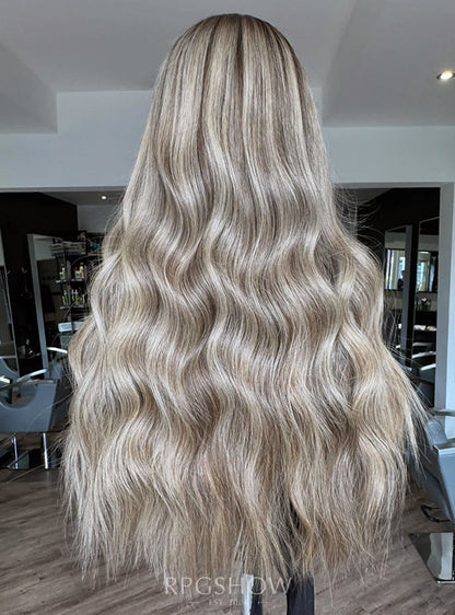 Long Middle Part Wavy Platinum Blonde Highlights 10x6 Lace Closure Wigs - Dominic029