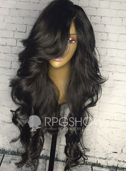Long Side Part Wavy Bangs Natural Color Human Hair Lace Wigs - touchedbytim005