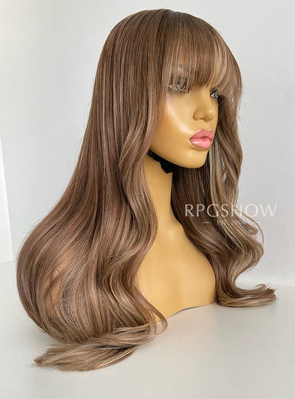 Long Wavy Bangs Ash Blonde Highlights Lace Front Wigs - Zelda005