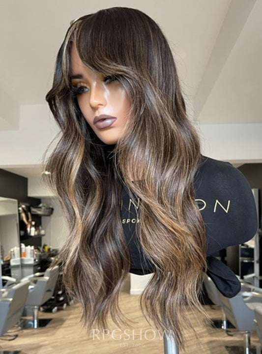LONG MIDDLE PART WAVY CURTAIN BANGS  DARK BRUNETTE BALAYAGE LACE FRONT  WIGS - DOMINIC011