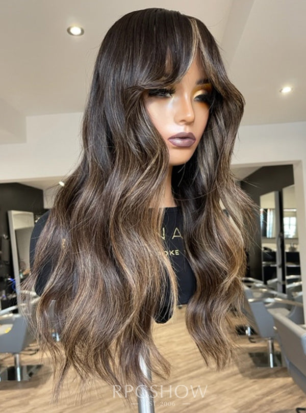 Long Middle Part Wavy Curtain Bangs Dark Brunette Balayage 10x6 Lace Closure Wig - Dominic011