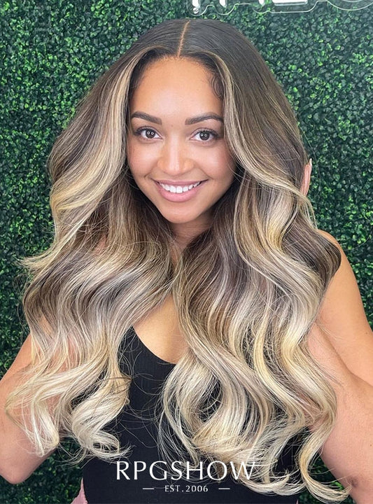 Long Middle Part Wavy Dark Hair with Buttercream Blonde Highlights 13x6 Lace Front Wigs - hairbysam022