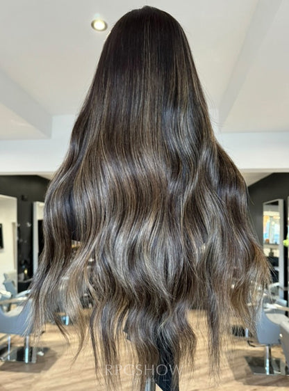 Long Wavy Espresso Brown with Blonde Money Piece Highlights 10x6 Lace Closure Wigs - Dominic031