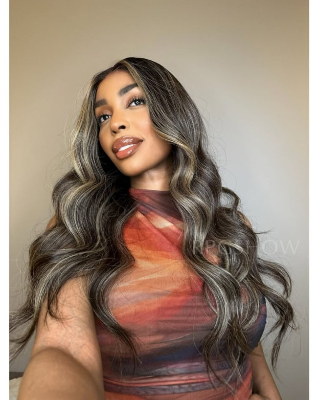 Long Wavy Espresso Brown with Blonde Money Piece Highlights 10x6 Lace Closure Wigs - Dominic031